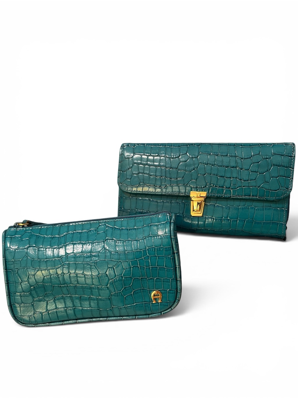 Etienne Aigner Rare Vintage Teal Croc-Embossed Clutch And Wristlet Set